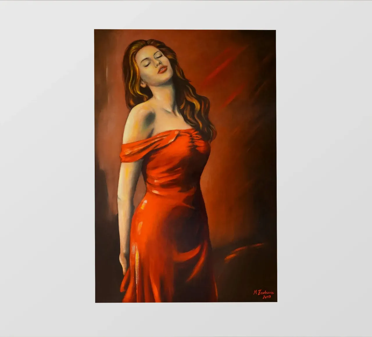 Signora in abito rosso pellicola backlit da Oliver