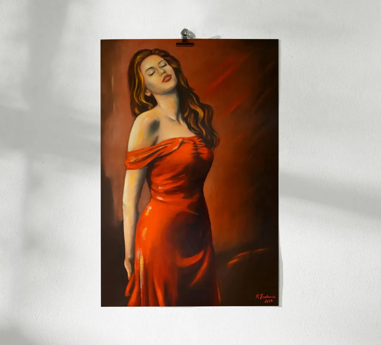 Signora in abito rosso carta hahnemühle da Oliver