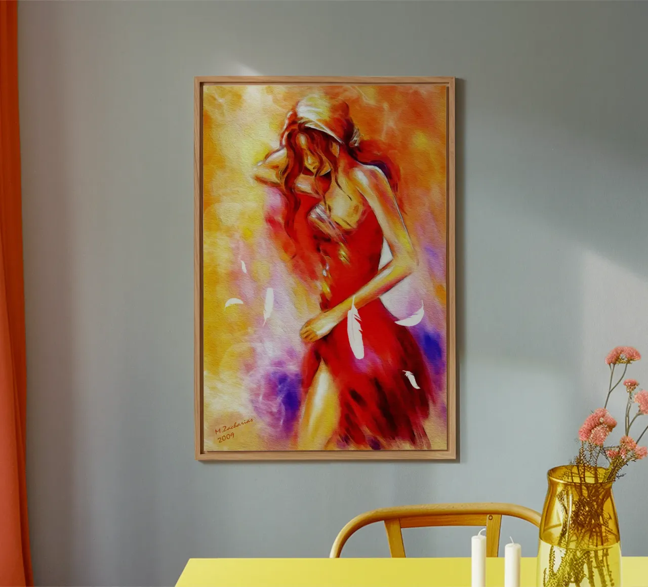 Donna in abito rosso alluminio dibond da Oliver