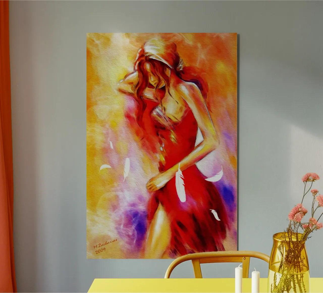 Donna in abito rosso alluminio dibond da Oliver