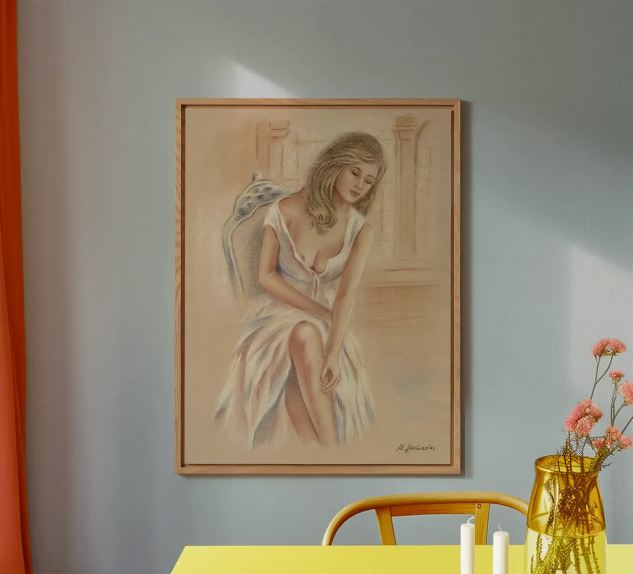 Donna in abito bianco alluminio dibond da Oliver