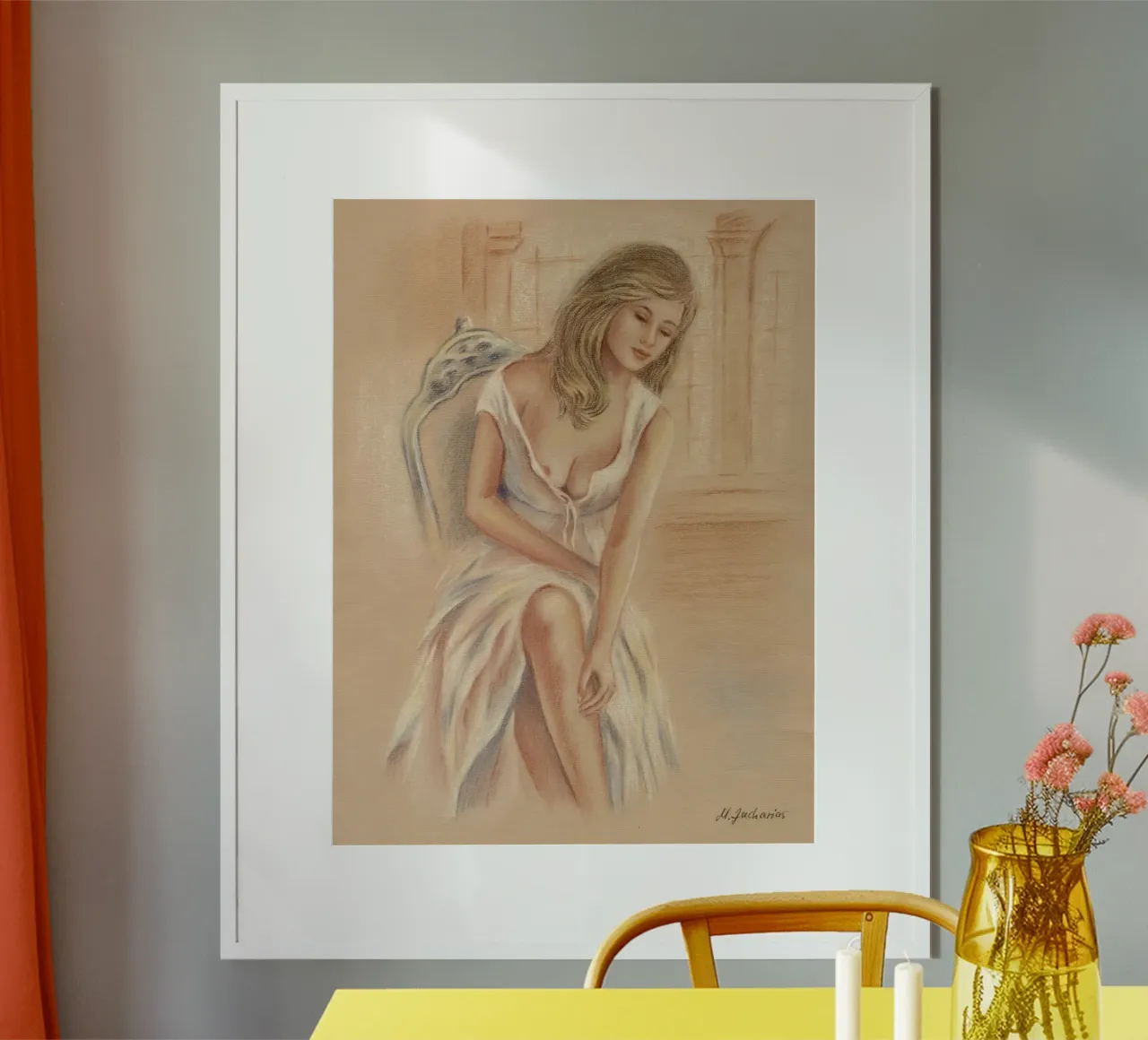 Donna in abito bianco carta hahnemühle da Oliver