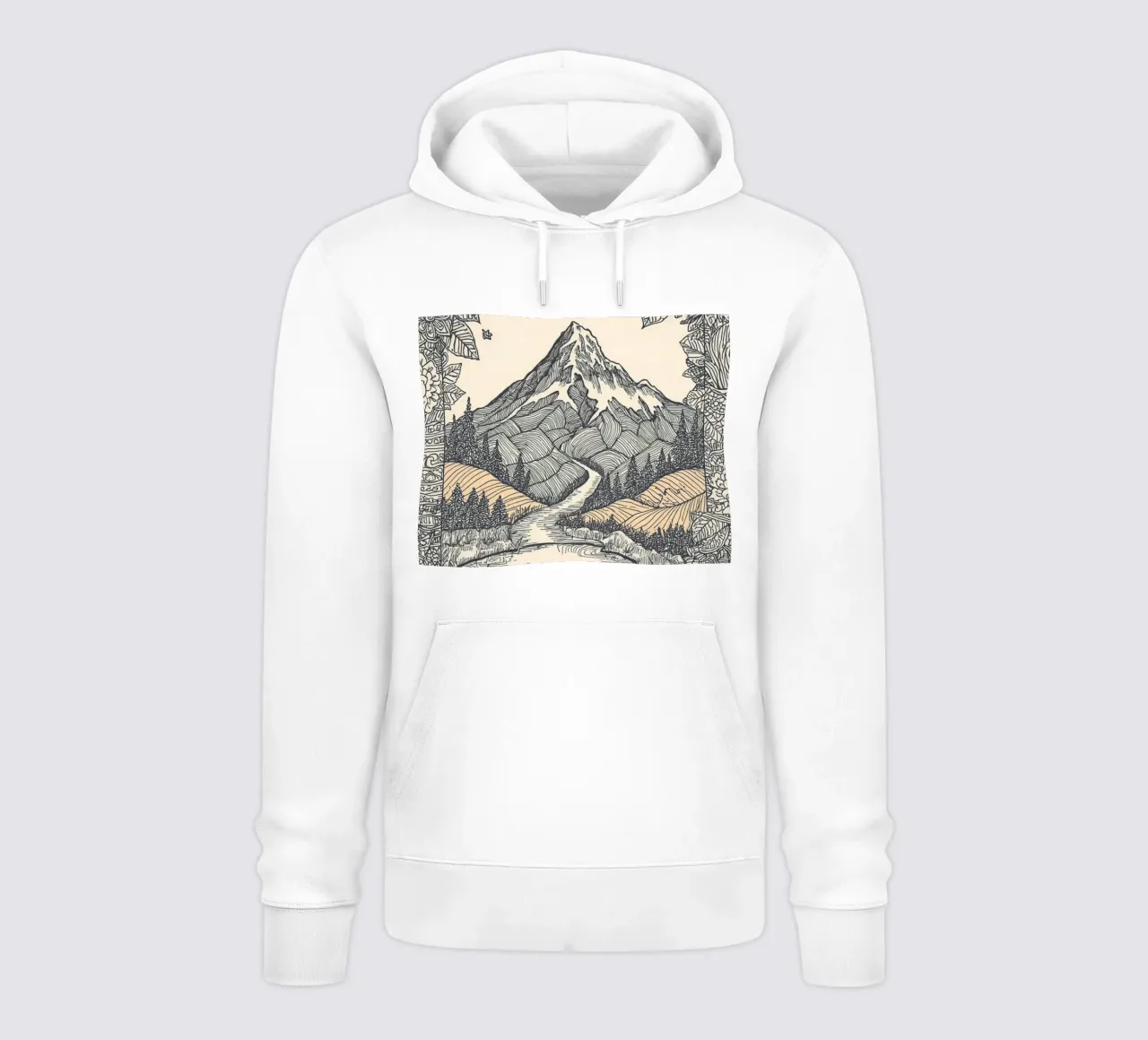 Paesaggio montano con fiume e bordo floreale felpa con cappuccio da DesignDoodle