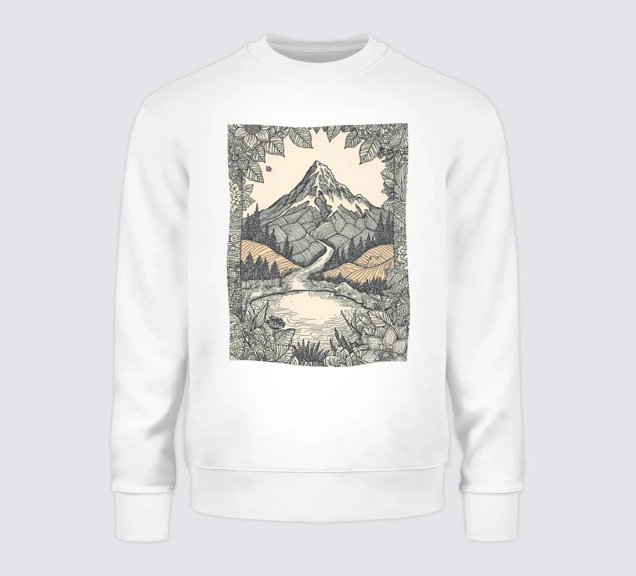 Paesaggio montano con fiume e bordo floreale felpa da DesignDoodle