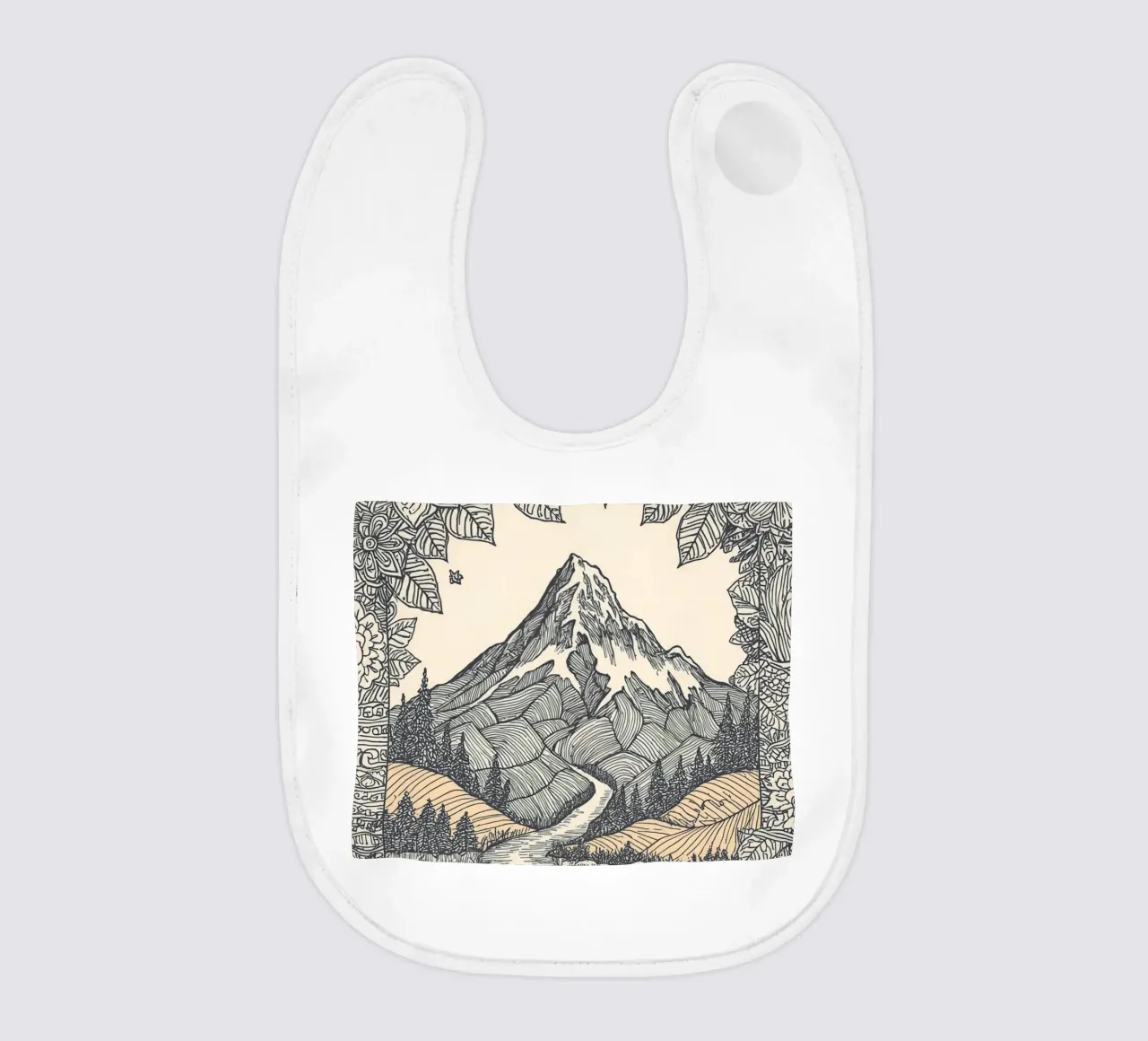 Paesaggio montano con fiume e bordo floreale bavaglino da DesignDoodle