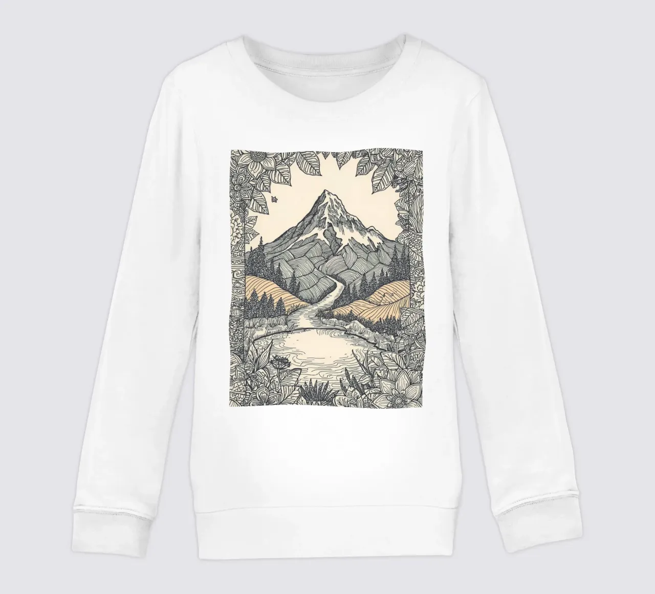 Paesaggio montano con fiume e bordo floreale felpa bambino da DesignDoodle