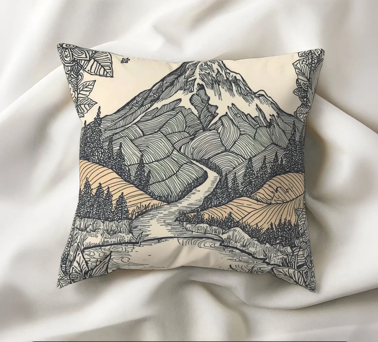 Paesaggio montano con fiume e bordo floreale cuscino da DesignDoodle