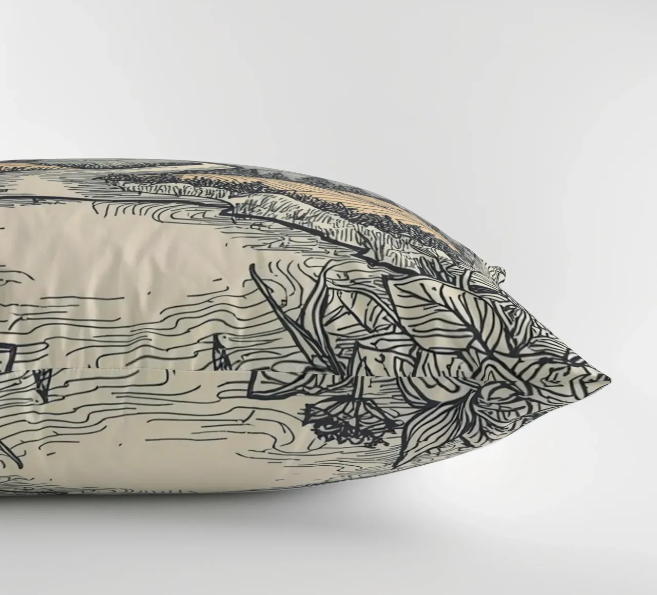 Paesaggio montano con fiume e bordo floreale cuscino da DesignDoodle