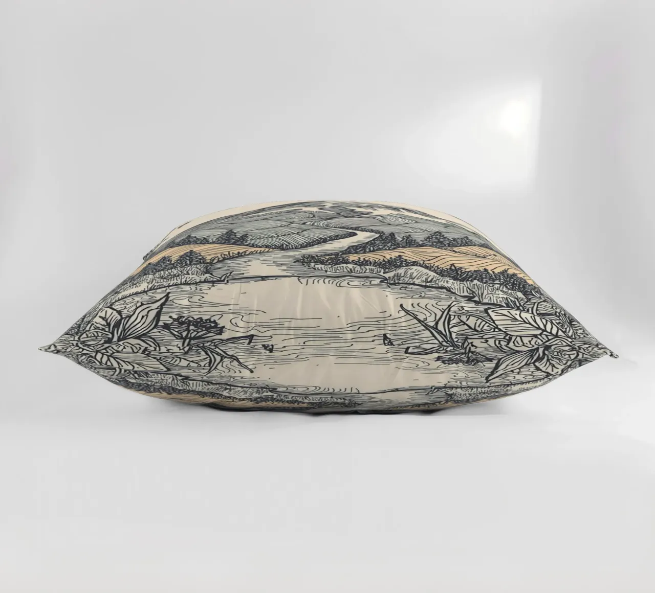 Paesaggio montano con fiume e bordo floreale cuscino da DesignDoodle