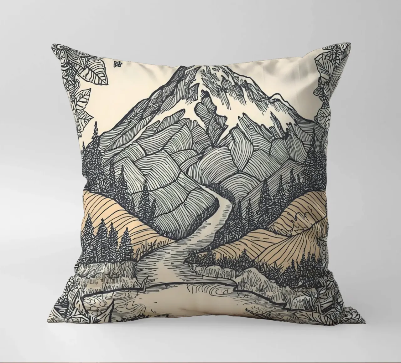Paesaggio montano con fiume e bordo floreale cuscino da DesignDoodle