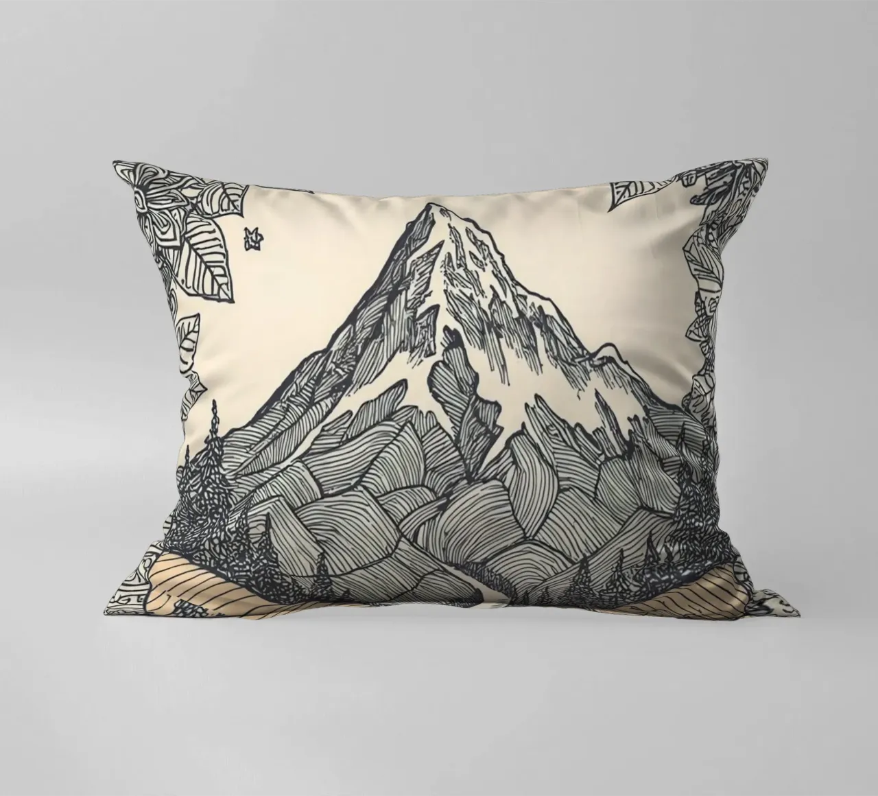 Paesaggio montano con fiume e bordo floreale cuscino da DesignDoodle