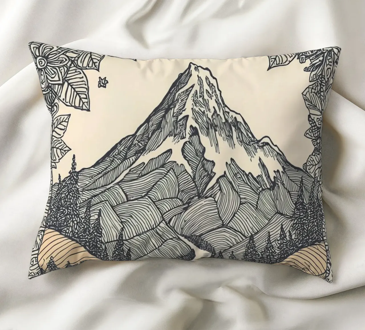 Paesaggio montano con fiume e bordo floreale cuscino da DesignDoodle