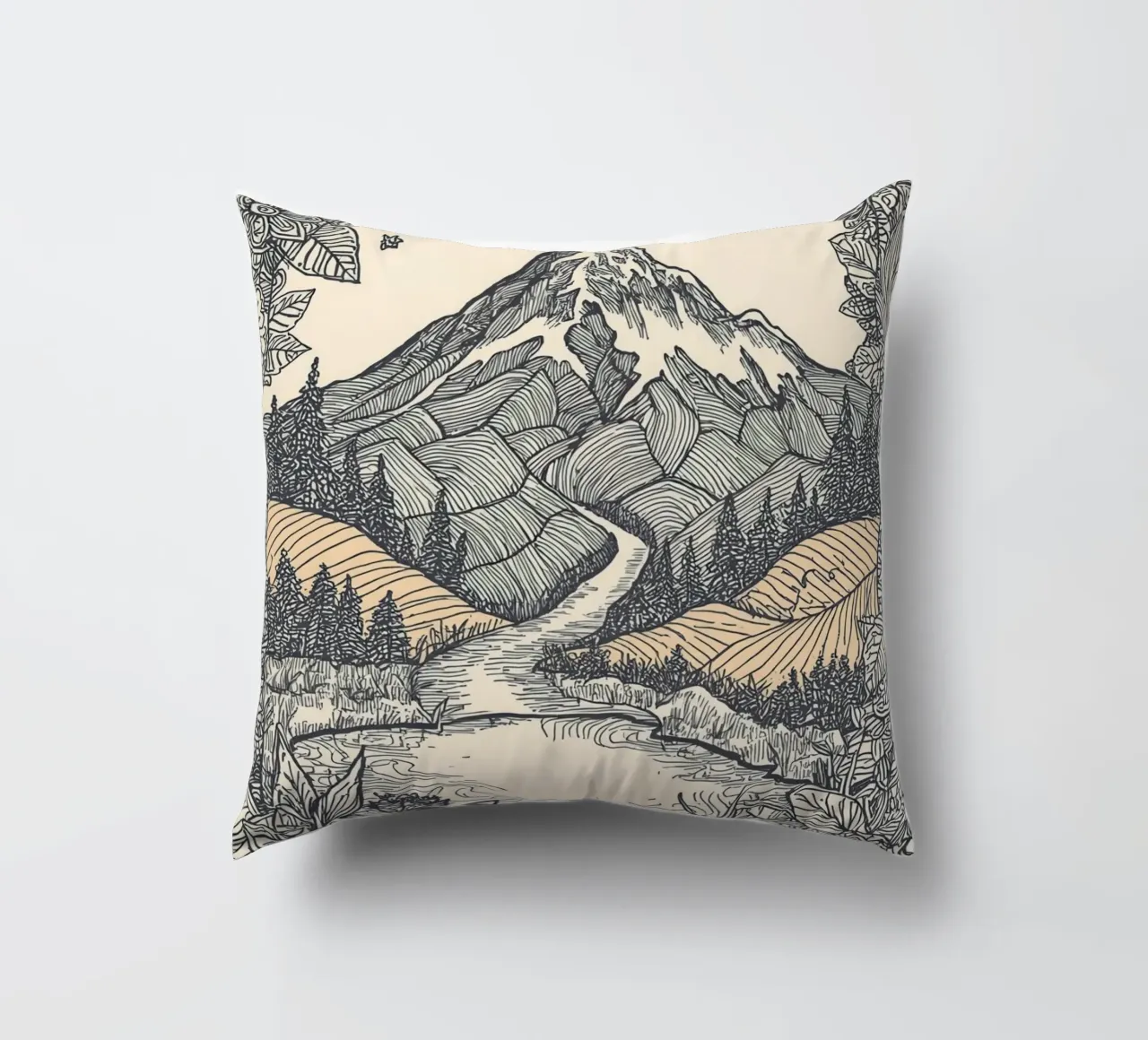 Paesaggio montano con fiume e bordo floreale cuscino da DesignDoodle