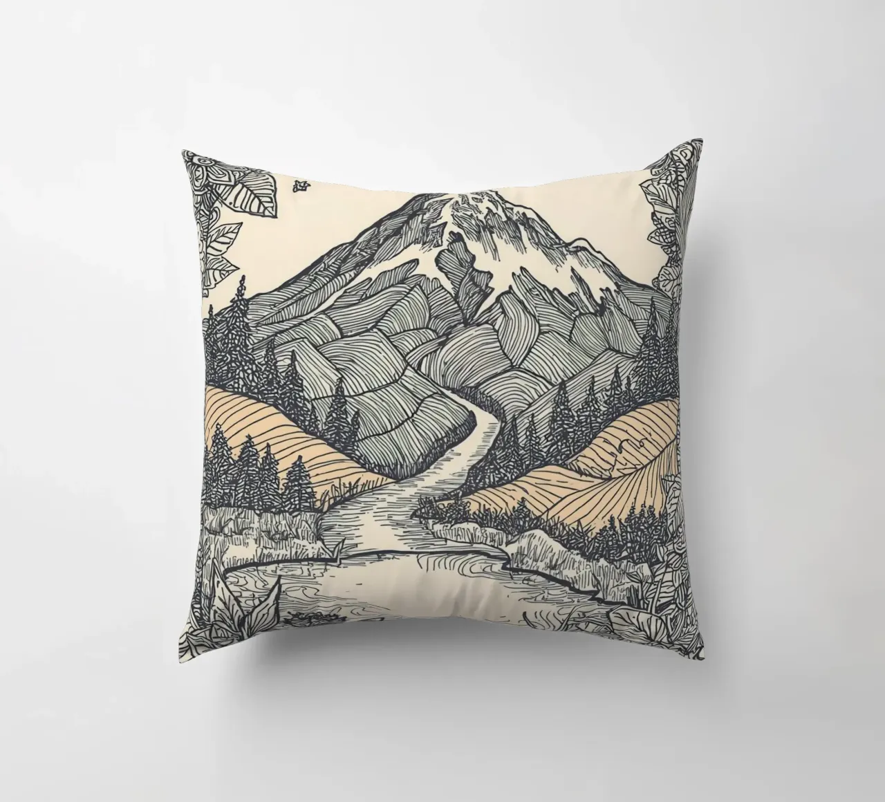 Paesaggio montano con fiume e bordo floreale cuscino da DesignDoodle