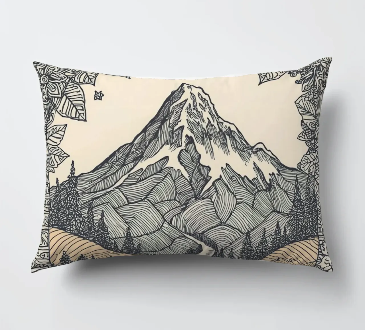 Paesaggio montano con fiume e bordo floreale cuscino da DesignDoodle