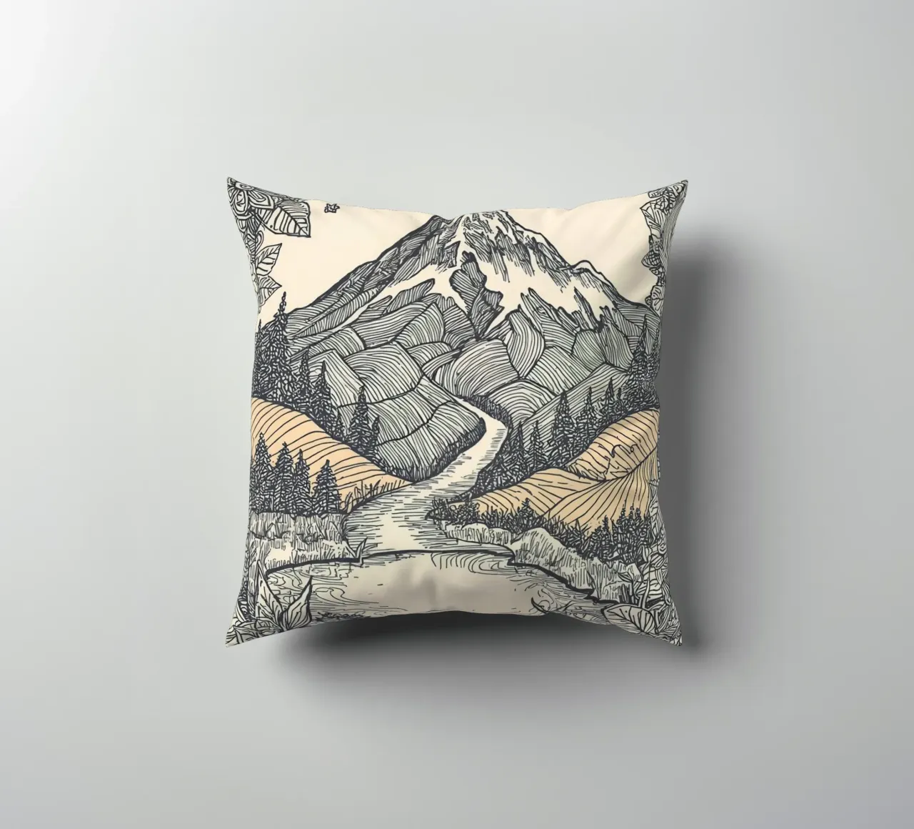 Paesaggio montano con fiume e bordo floreale cuscino da DesignDoodle