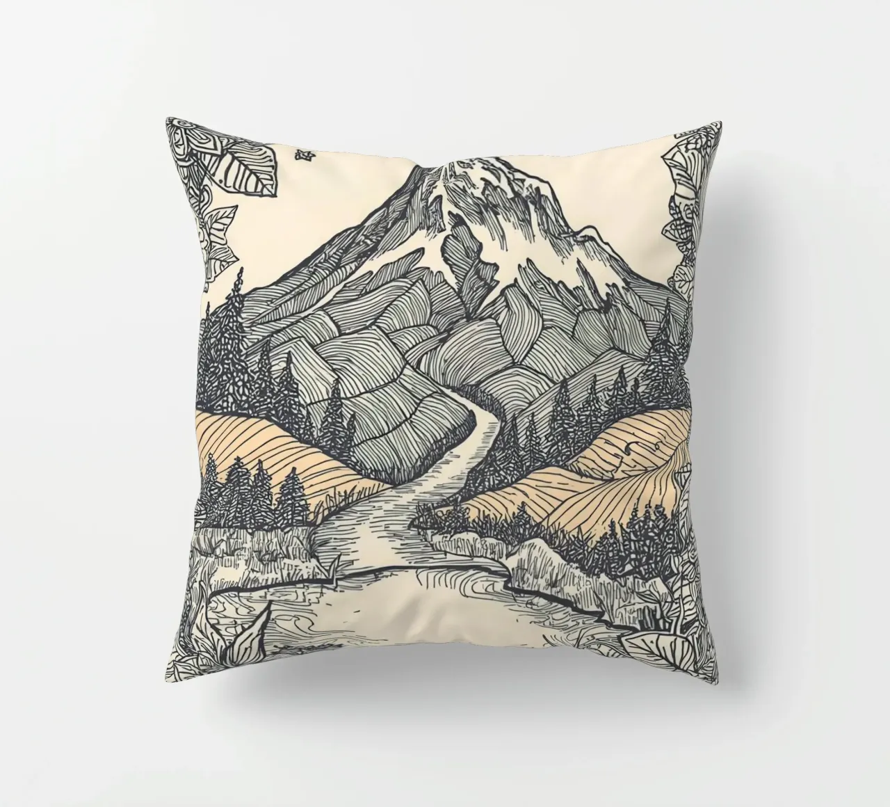 Paesaggio montano con fiume e bordo floreale cuscino da DesignDoodle