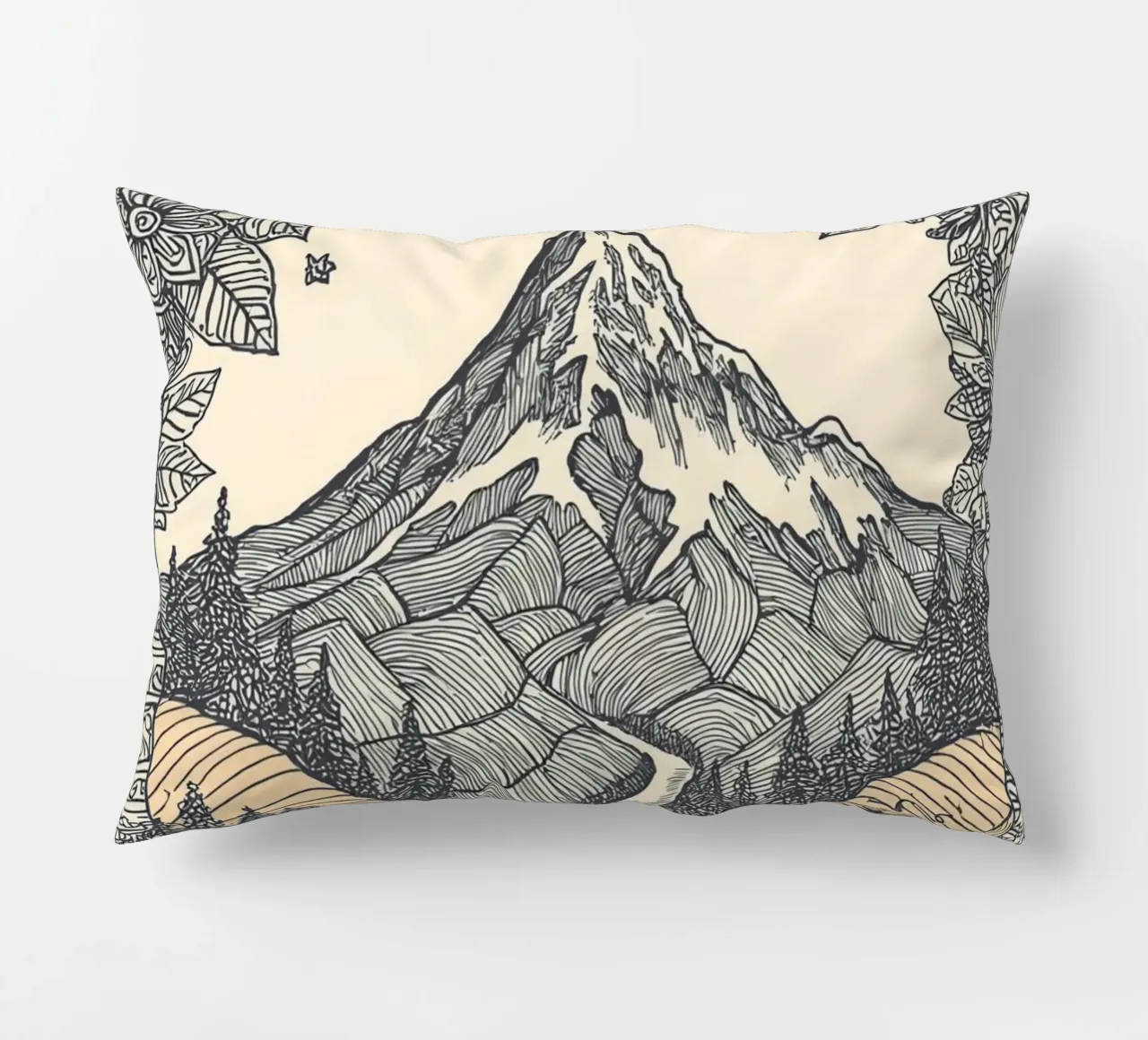 Paesaggio montano con fiume e bordo floreale cuscino da DesignDoodle