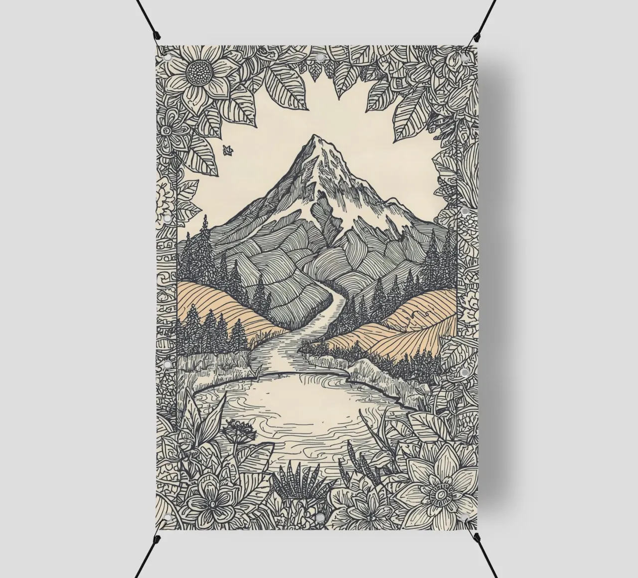Paesaggio montano con fiume e bordo floreale telo in pvc da DesignDoodle