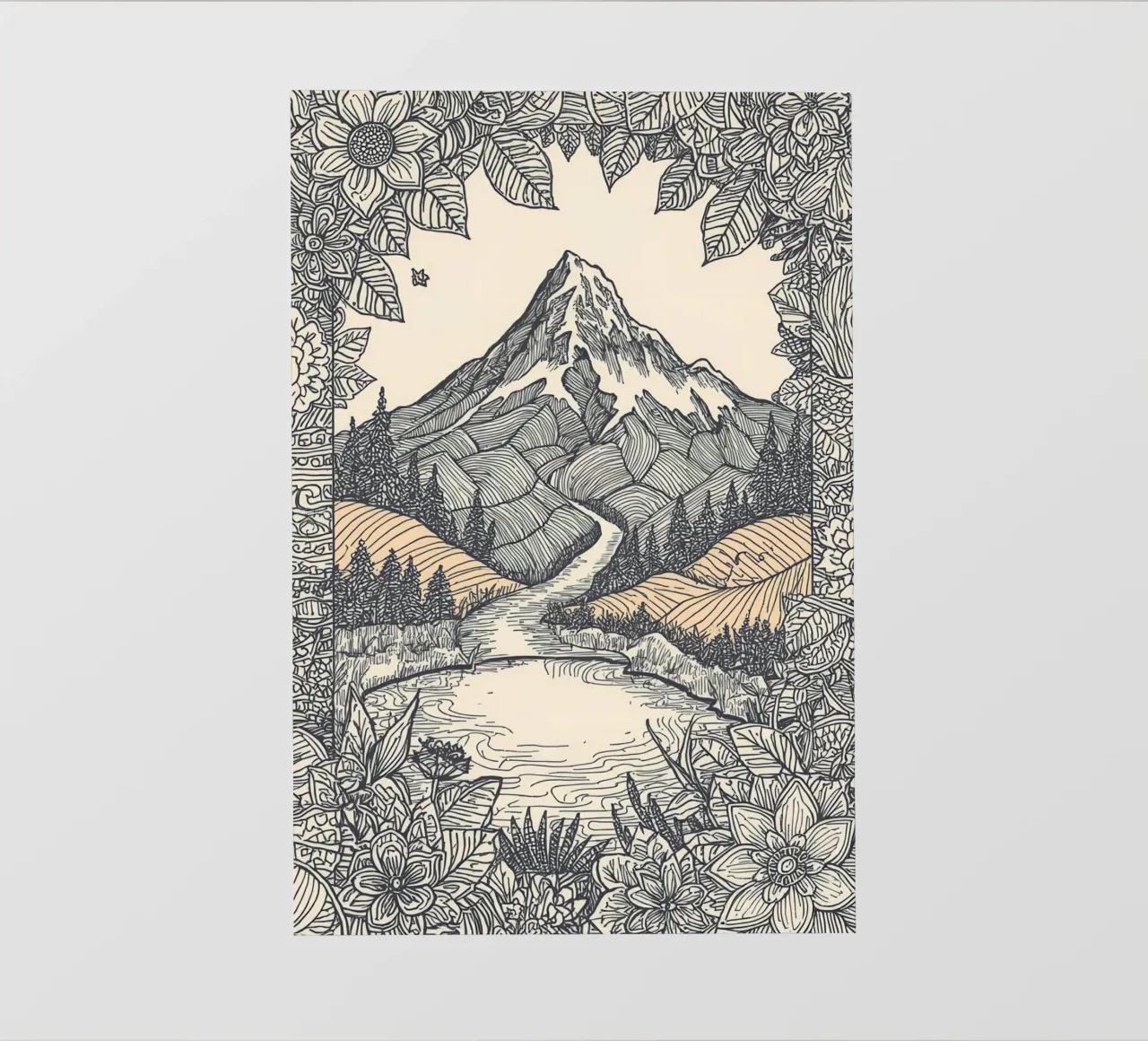 Paesaggio montano con fiume e bordo floreale telo in pvc da DesignDoodle