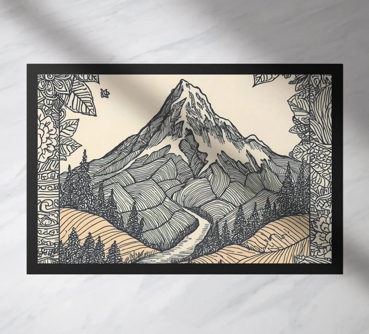 Paesaggio montano con fiume e bordo floreale zerbino da DesignDoodle
