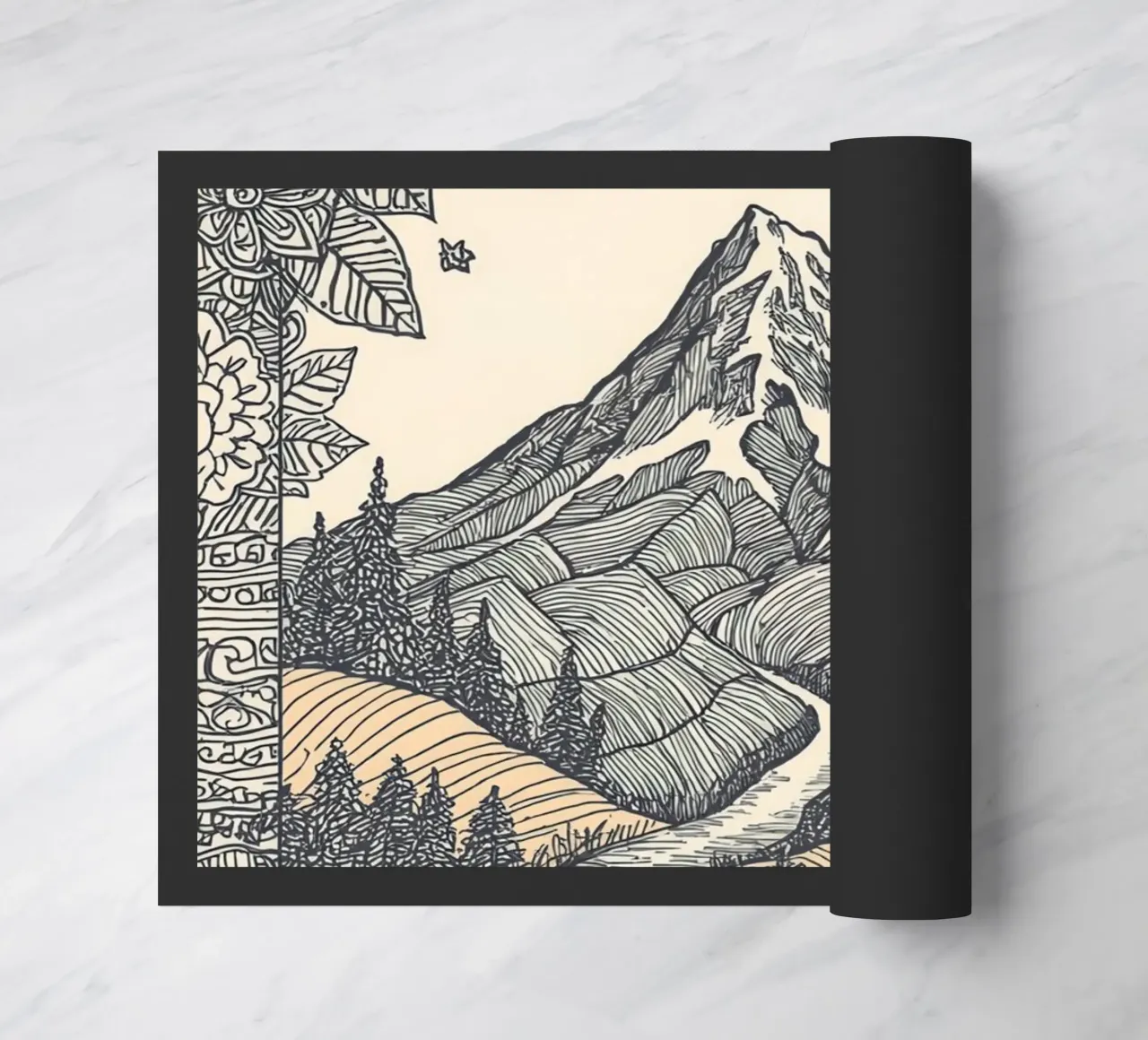 Paesaggio montano con fiume e bordo floreale zerbino da DesignDoodle