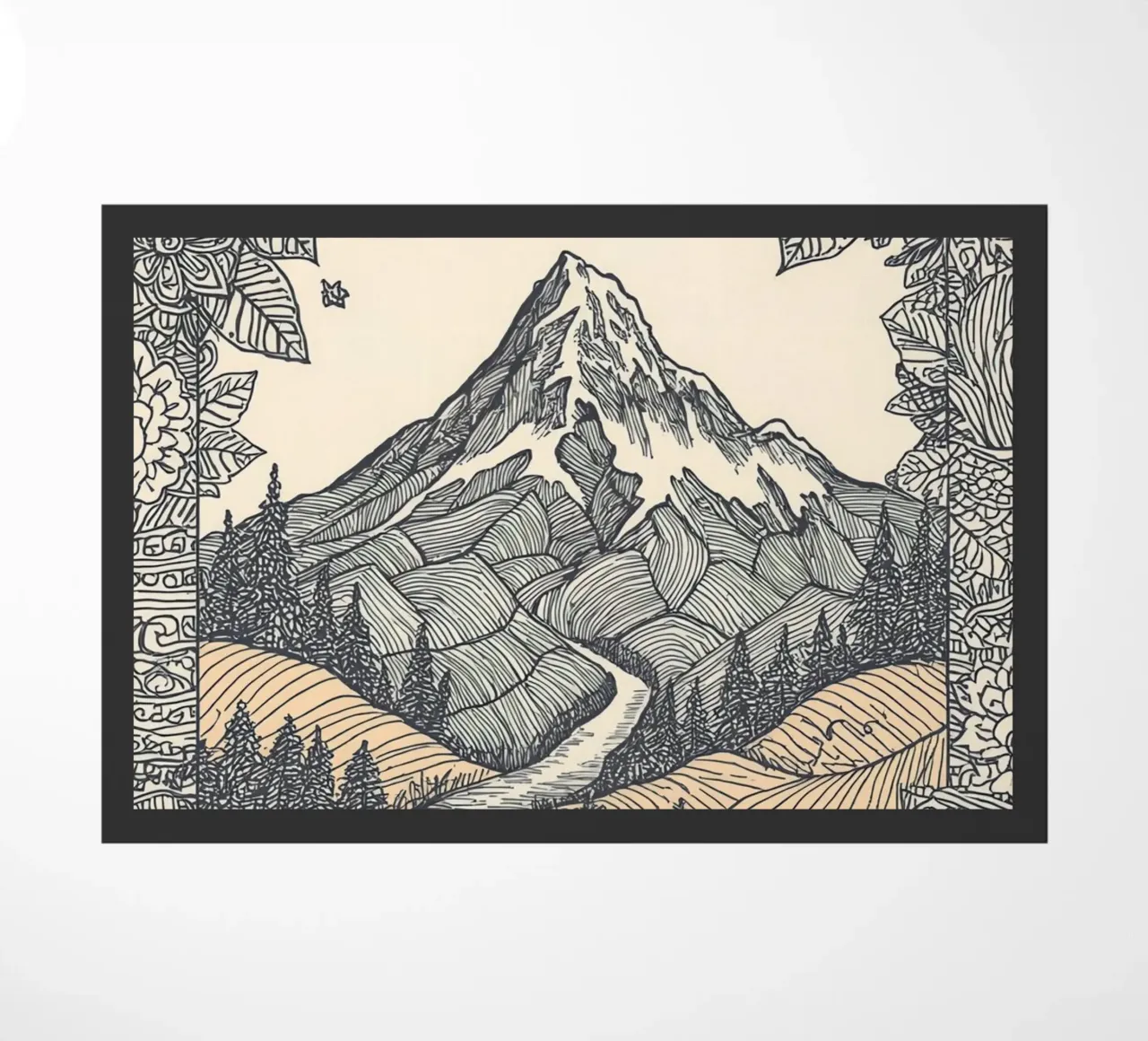 Paesaggio montano con fiume e bordo floreale zerbino da DesignDoodle