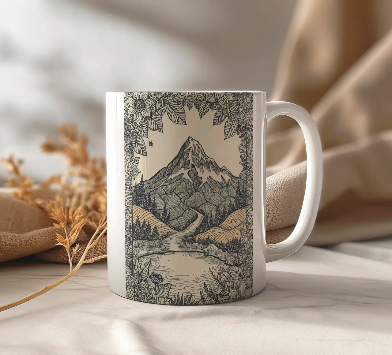 Paesaggio montano con fiume e bordo floreale tazza in ceramica da DesignDoodle