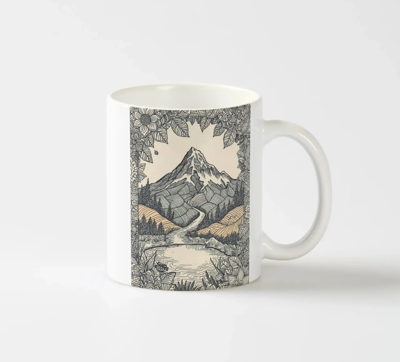 Paesaggio montano con fiume e bordo floreale tazza in ceramica da DesignDoodle