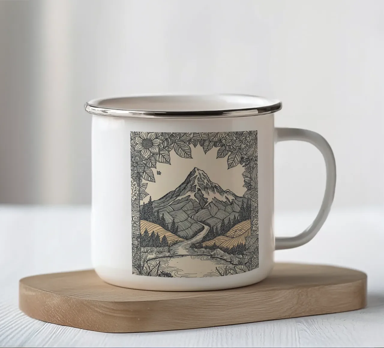 Paesaggio montano con fiume e bordo floreale tazza in smalto da DesignDoodle