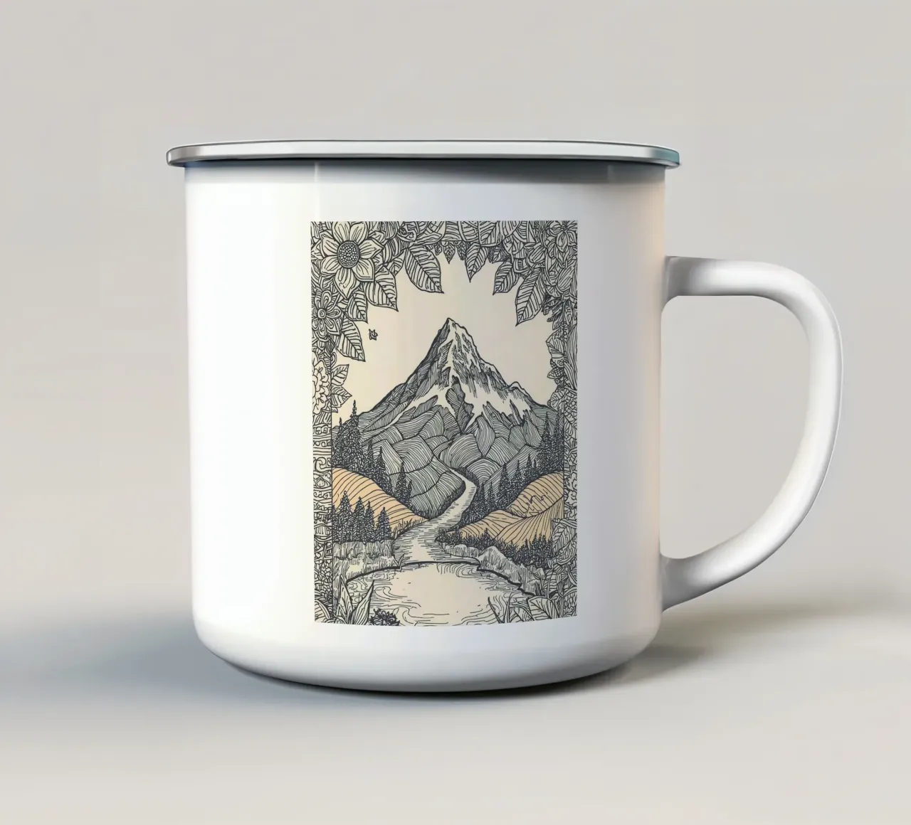 Paesaggio montano con fiume e bordo floreale tazza in smalto da DesignDoodle