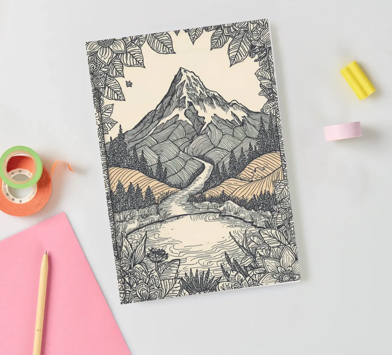 Mountain landscape with river and floral border notebook by DesignDoodle