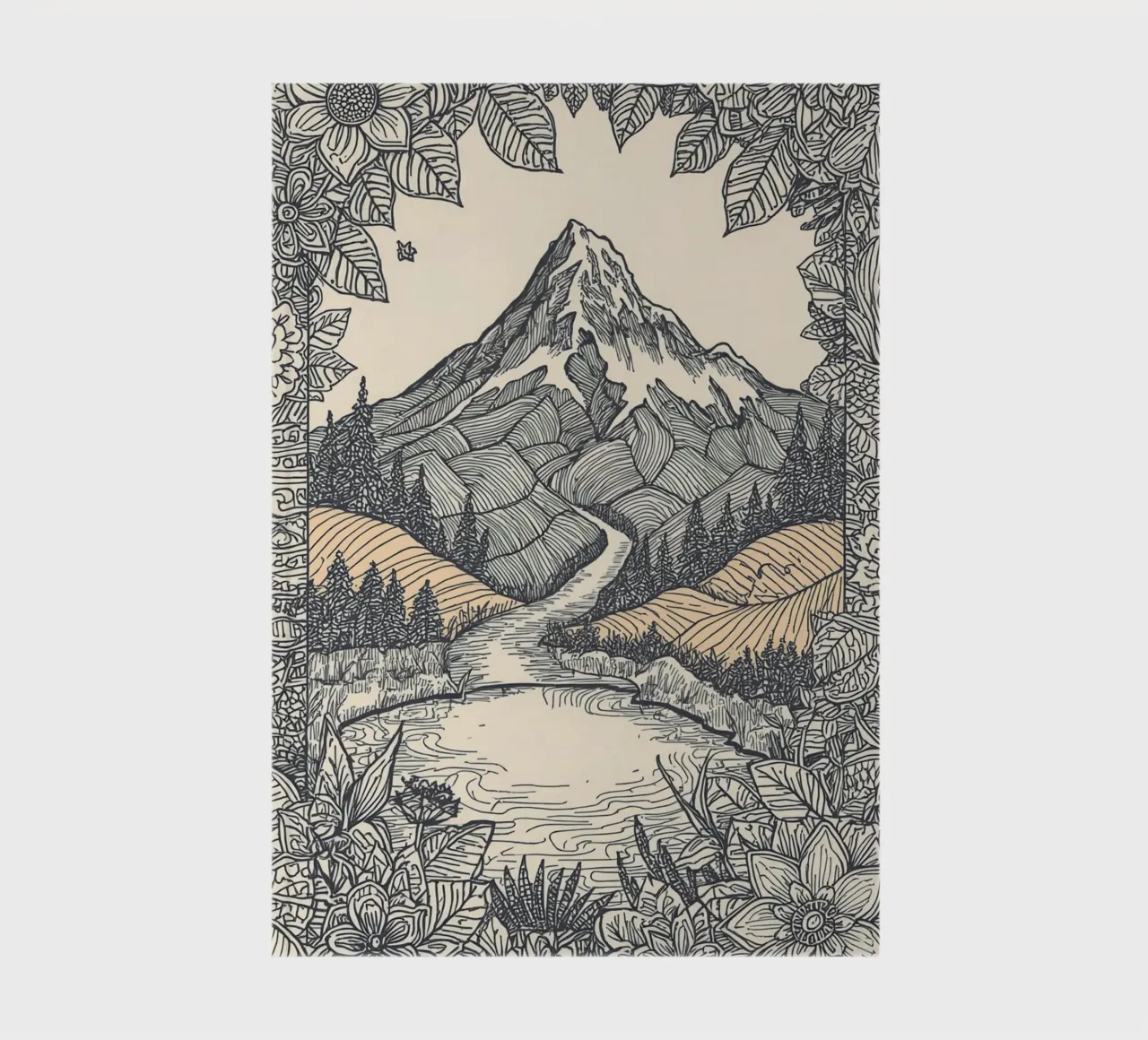 Mountain landscape with river and floral border notebook by DesignDoodle