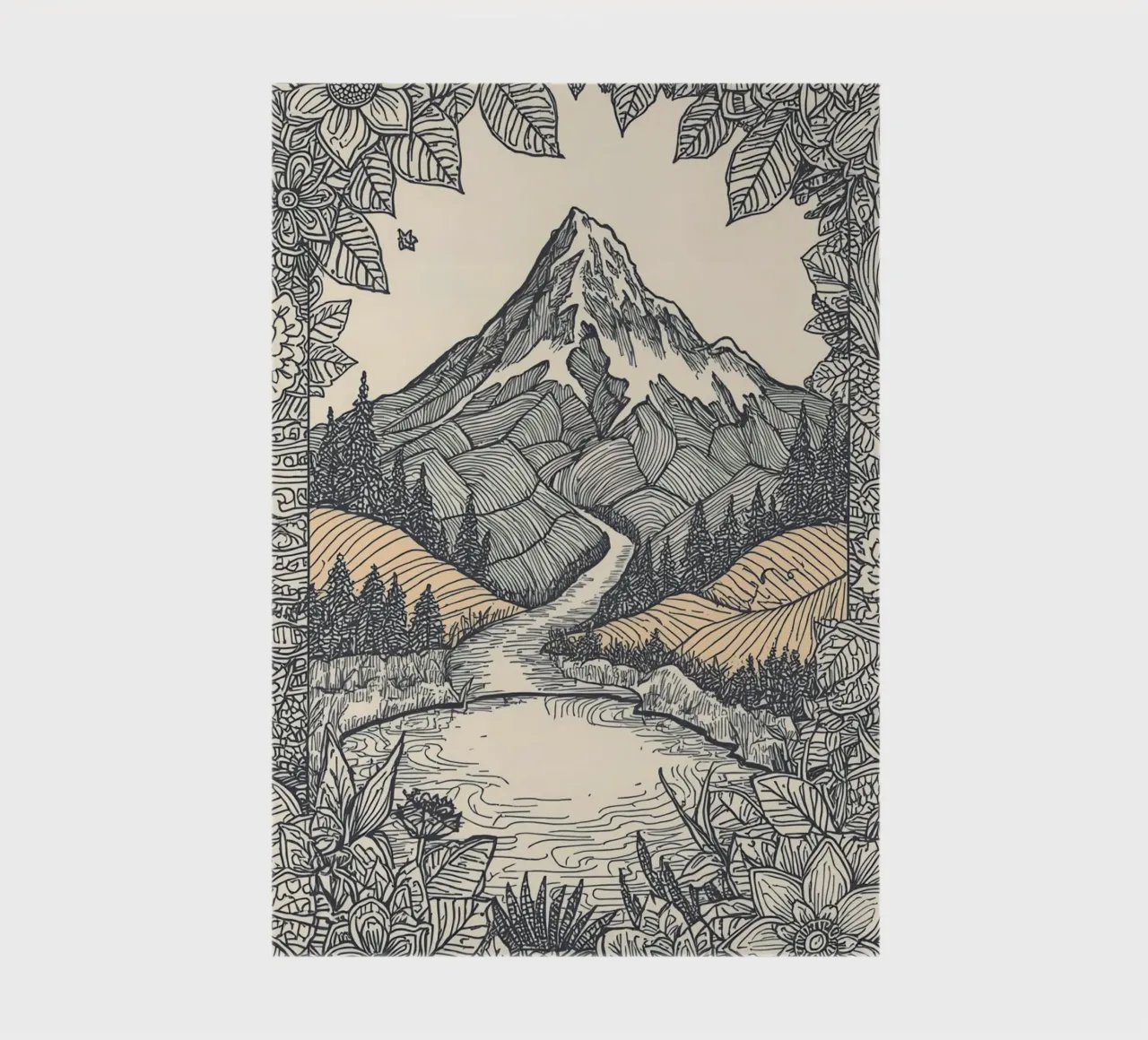 Mountain landscape with river and floral border notebook by DesignDoodle