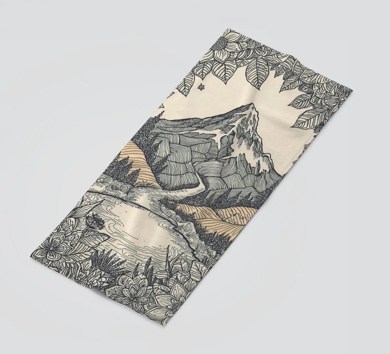 Paesaggio montano con fiume e bordo floreale telo mare da DesignDoodle