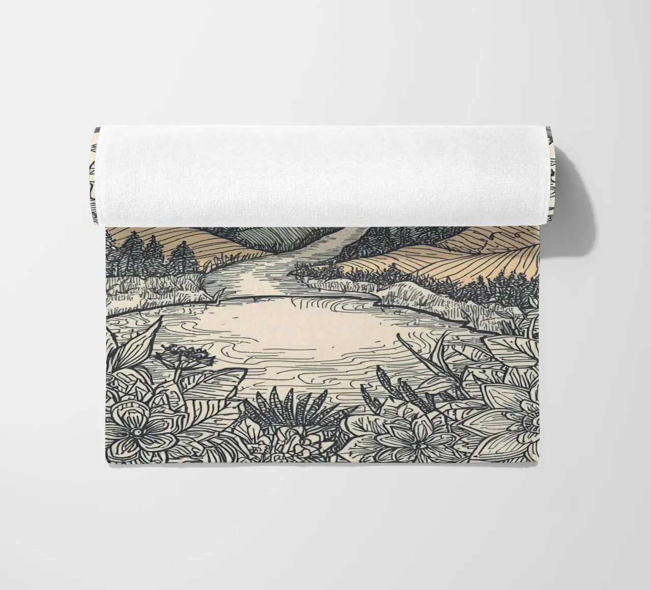 Paesaggio montano con fiume e bordo floreale telo mare da DesignDoodle