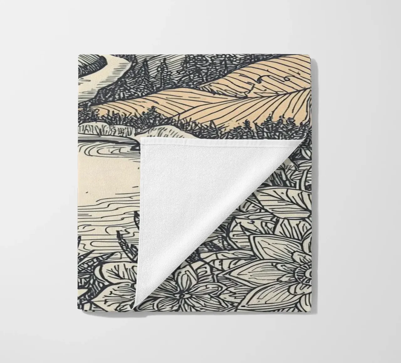 Paesaggio montano con fiume e bordo floreale telo mare da DesignDoodle
