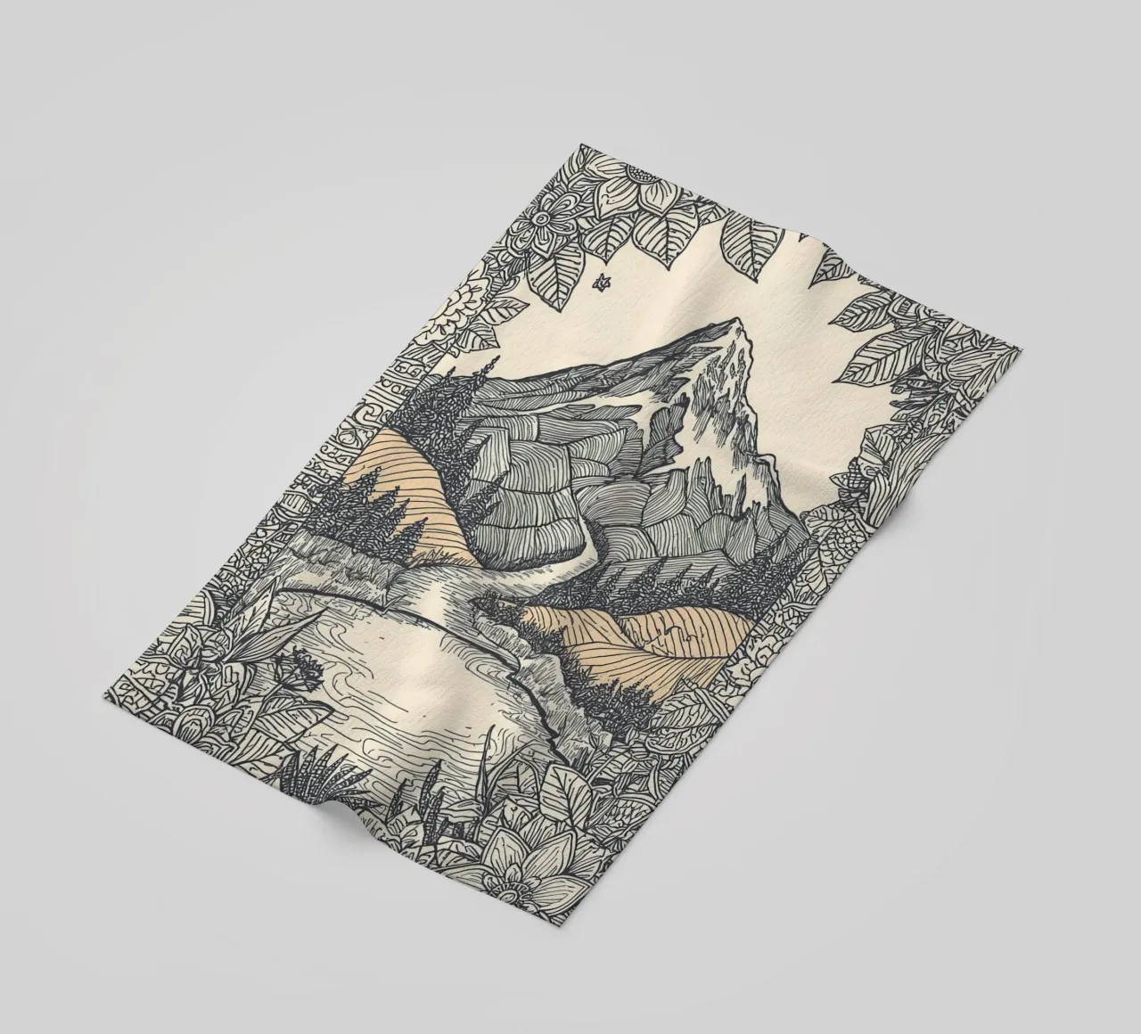 Paesaggio montano con fiume e bordo floreale telo mare da DesignDoodle