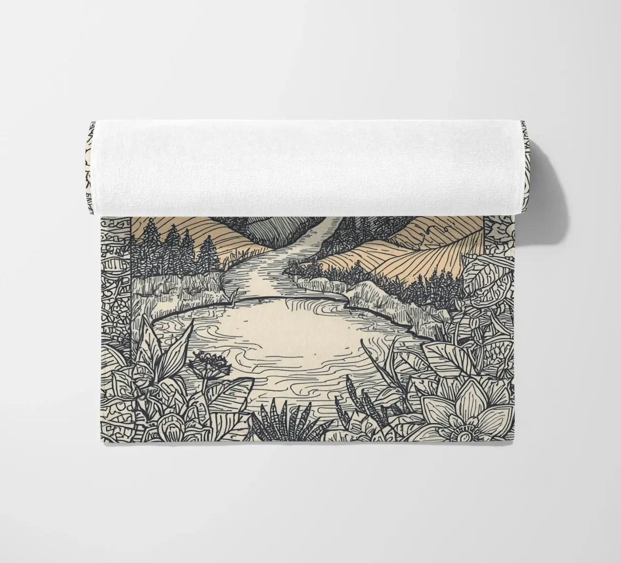 Paesaggio montano con fiume e bordo floreale telo mare da DesignDoodle