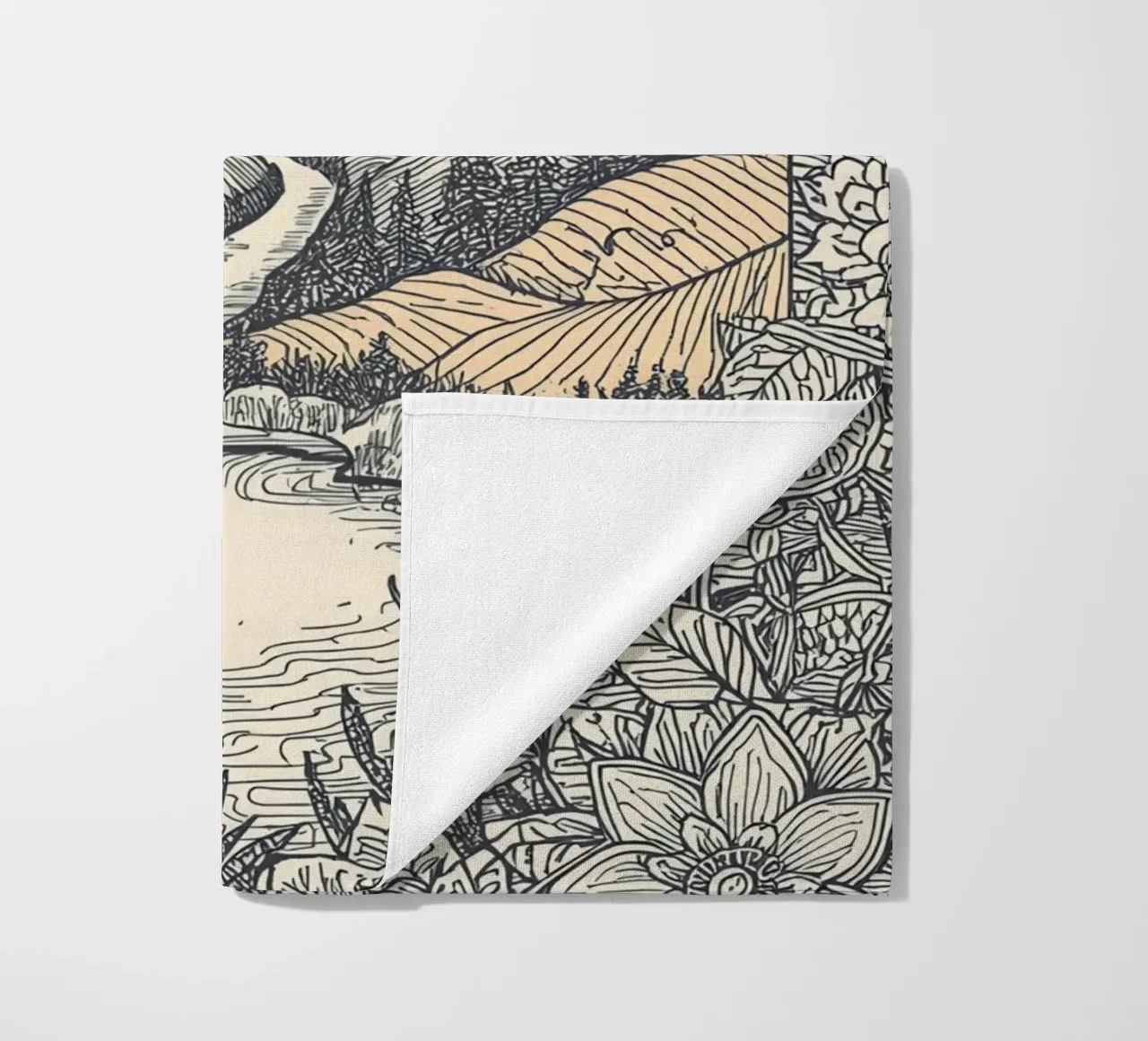 Paesaggio montano con fiume e bordo floreale telo mare da DesignDoodle