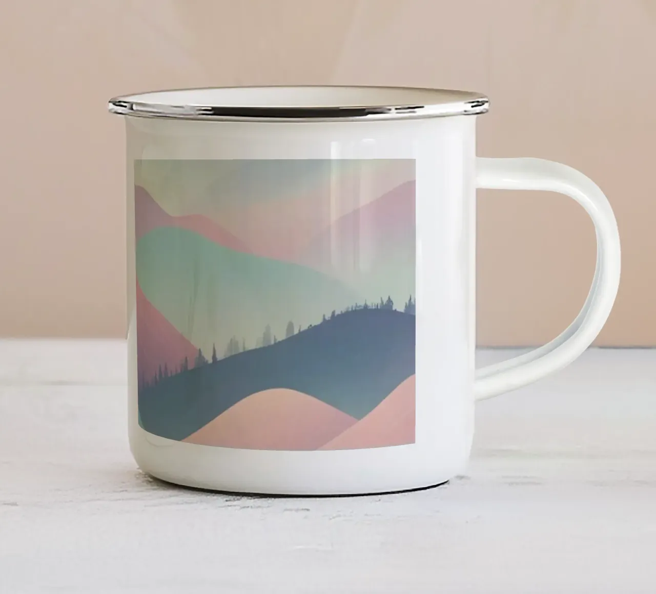 Paesaggio montano dai toni pastello con sole tazza in smalto da DesignDoodle