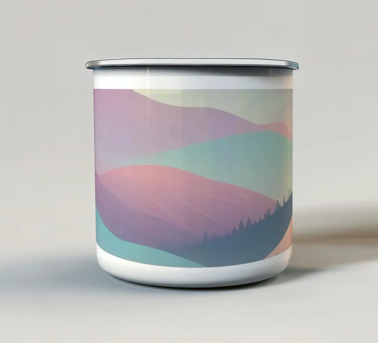 Paesaggio montano dai toni pastello con sole tazza in smalto da DesignDoodle