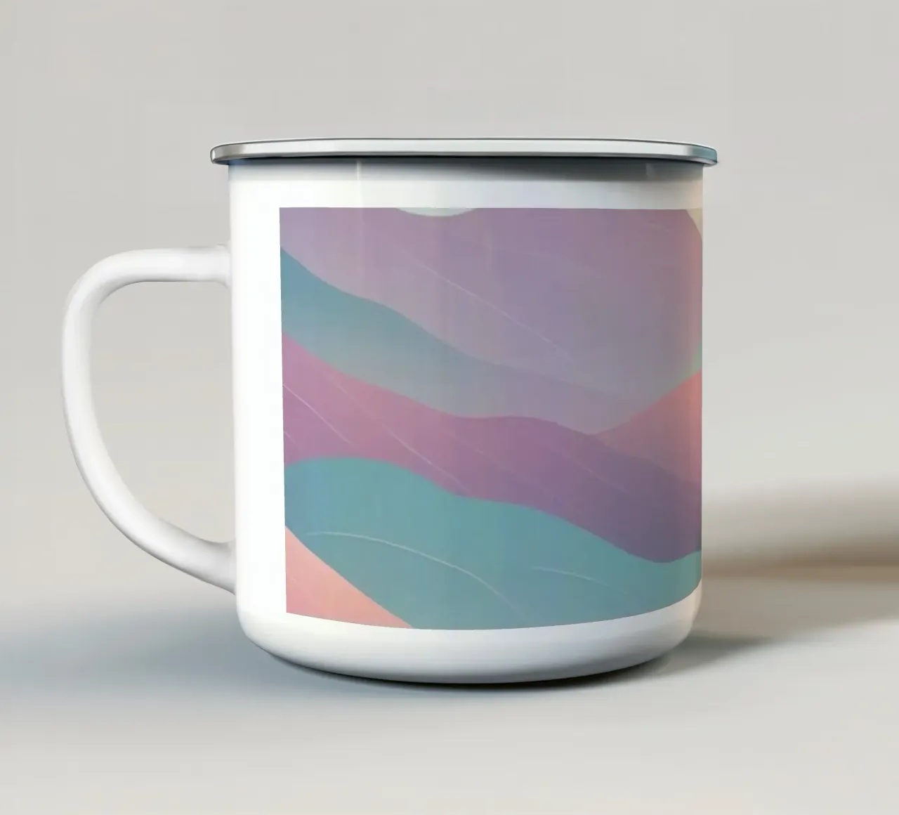 Paesaggio montano dai toni pastello con sole tazza in smalto da DesignDoodle