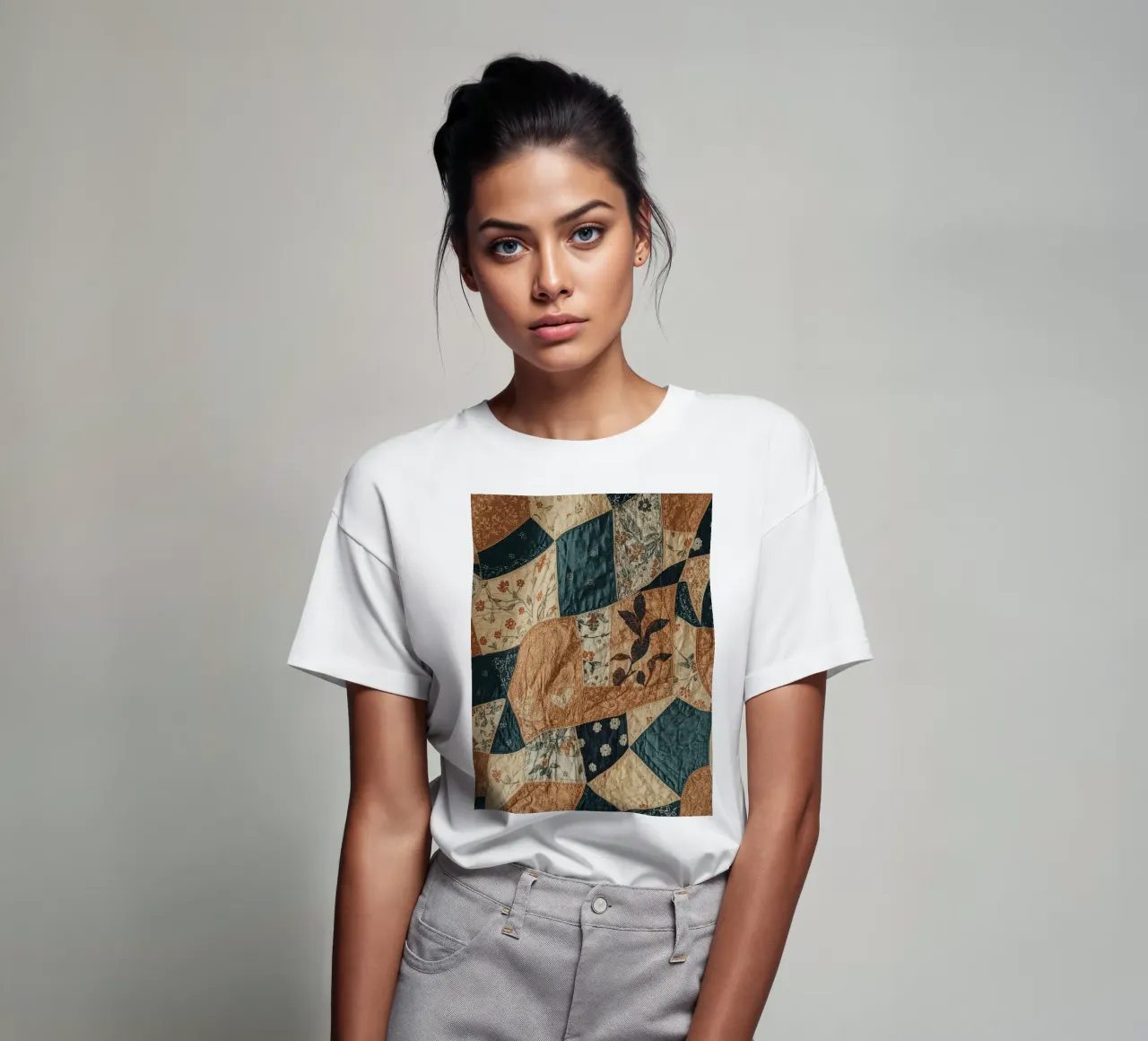 Patchwork Quilt with Floral and Abstract Patterns t-shirt by DesignDoodle