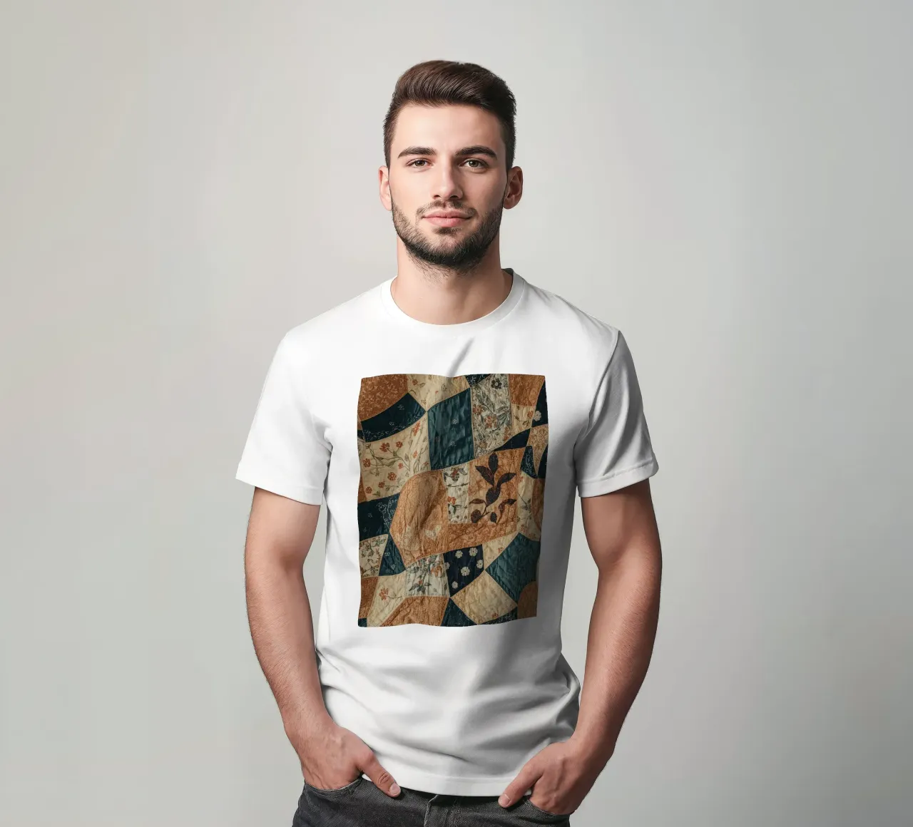 Patchwork Quilt with Floral and Abstract Patterns t-shirt by DesignDoodle