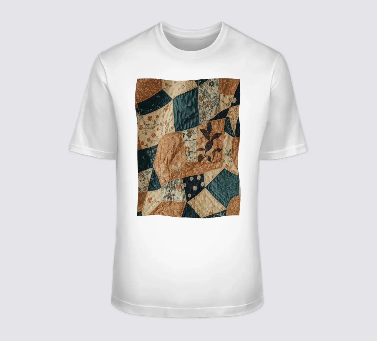 Patchwork Quilt with Floral and Abstract Patterns t-shirt by DesignDoodle