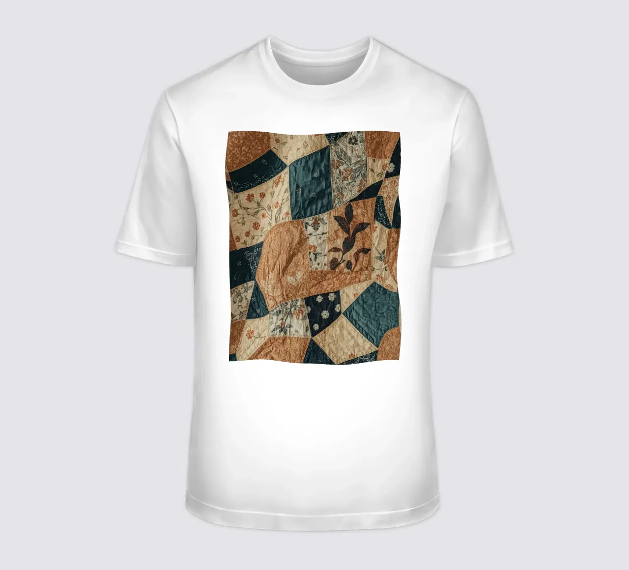 Patchwork Quilt with Floral and Abstract Patterns t-shirt by DesignDoodle