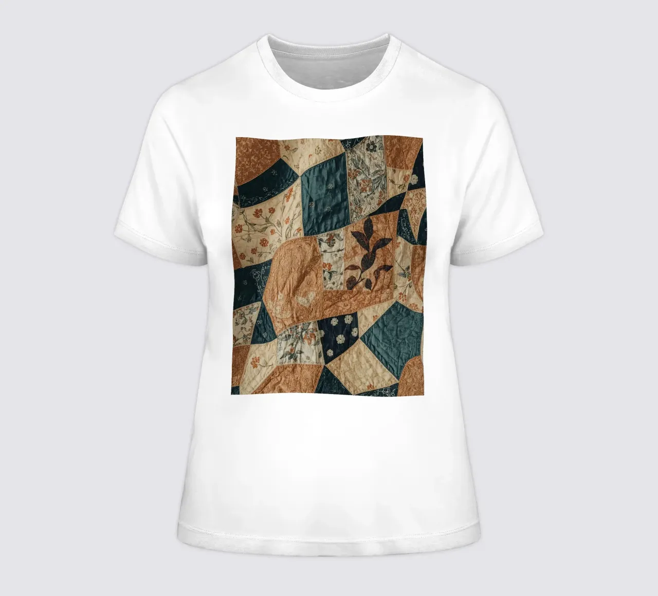 Patchwork Quilt with Floral and Abstract Patterns women's fitted t-shirt by DesignDoodle