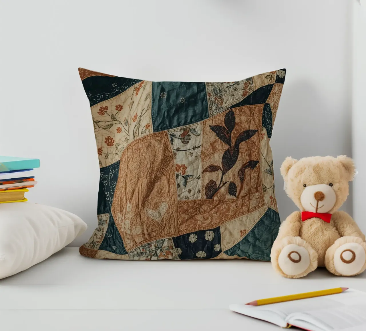 Patchwork Quilt with Floral and Abstract Patterns decorative cushion by DesignDoodle