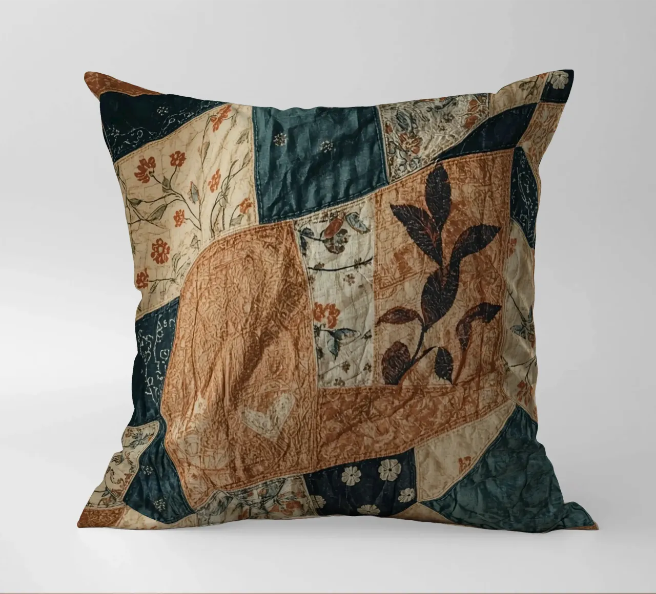 Patchwork Quilt with Floral and Abstract Patterns decorative cushion by DesignDoodle